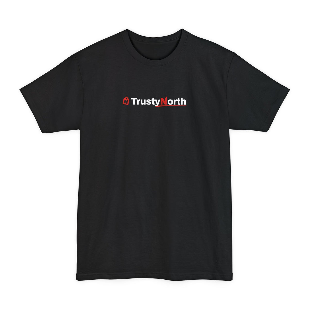 TrustyNorth wordmark tall t-shirt in Black, front view, sizes LT to 4XLT