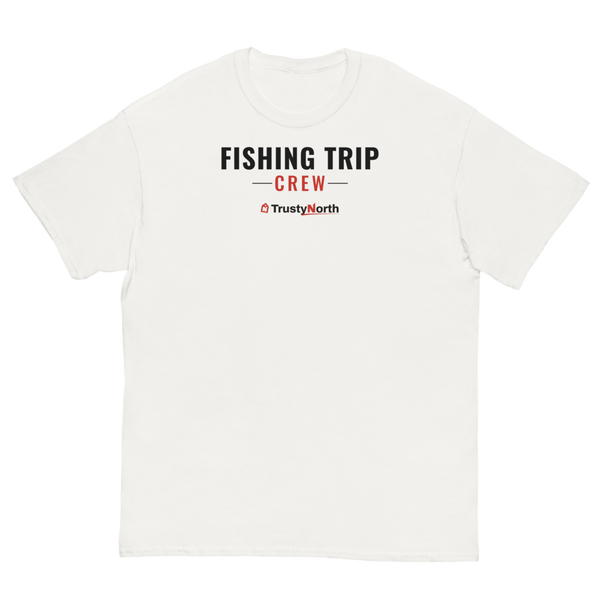 Fishing Trip Crew Tee in white, front print reads FISHING TRIP CREW, mockup 1 of 3