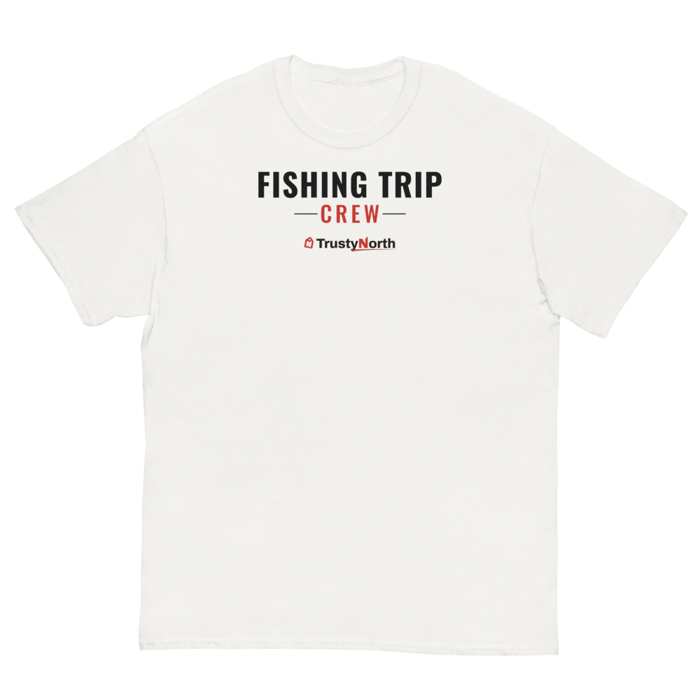 Fishing Trip Crew Tee in white, front print reads FISHING TRIP CREW, mockup 1 of 3