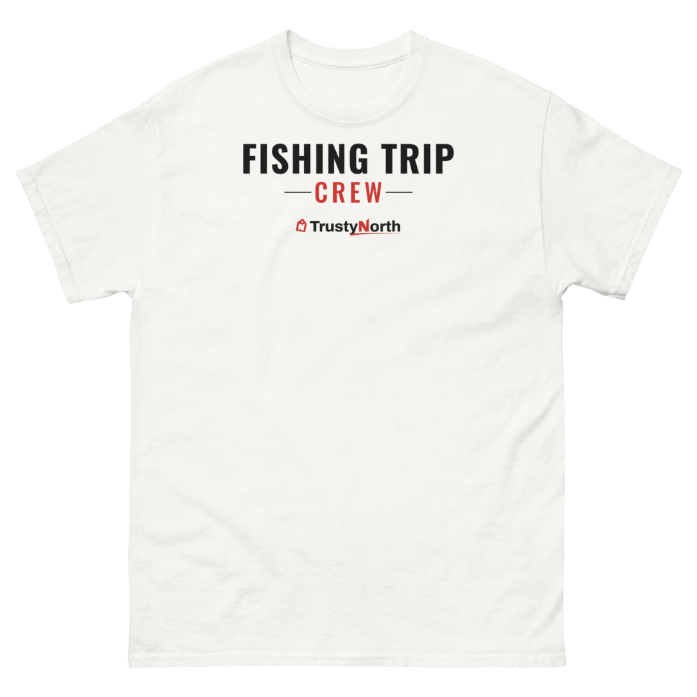 Fishing Trip Crew Tee in white, front print reads FISHING TRIP CREW, mockup 2 of 3