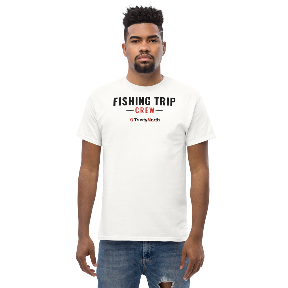 Fishing Trip Crew Tee in white, front print reads FISHING TRIP CREW, mockup 3 of 3
