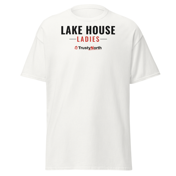 Lake House Ladies Tee in white, front print reads LAKE HOUSE LADIES, mockup 1 of 3