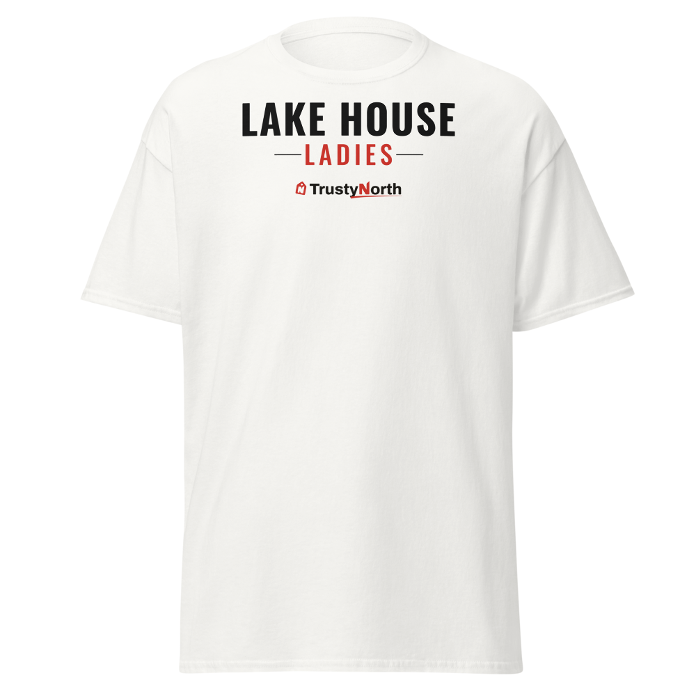 Lake House Ladies Tee in white, front print reads LAKE HOUSE LADIES, mockup 1 of 3