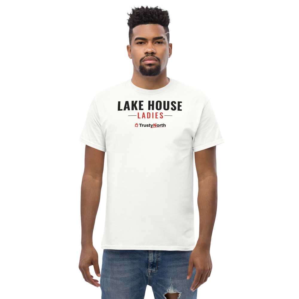 Lake House Ladies Tee in white, front print reads LAKE HOUSE LADIES, mockup 2 of 3