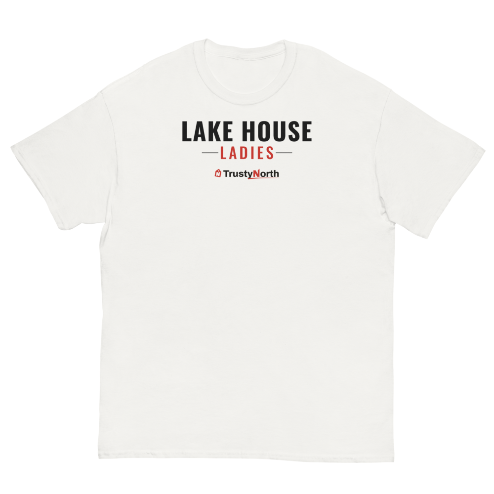 Lake House Ladies Tee in white, front print reads LAKE HOUSE LADIES, mockup 3 of 3