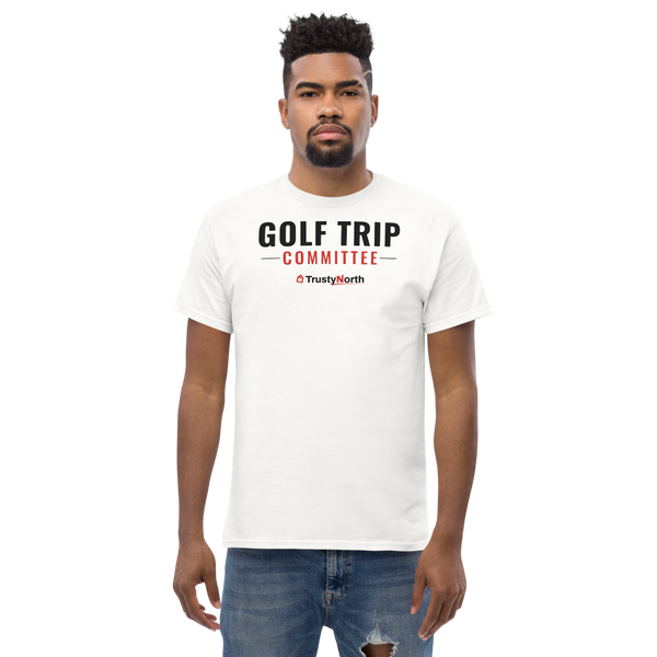 Golf Trip Committee Tee in white, front print reads GOLF TRIP COMMITTEE, mockup 1 of 3