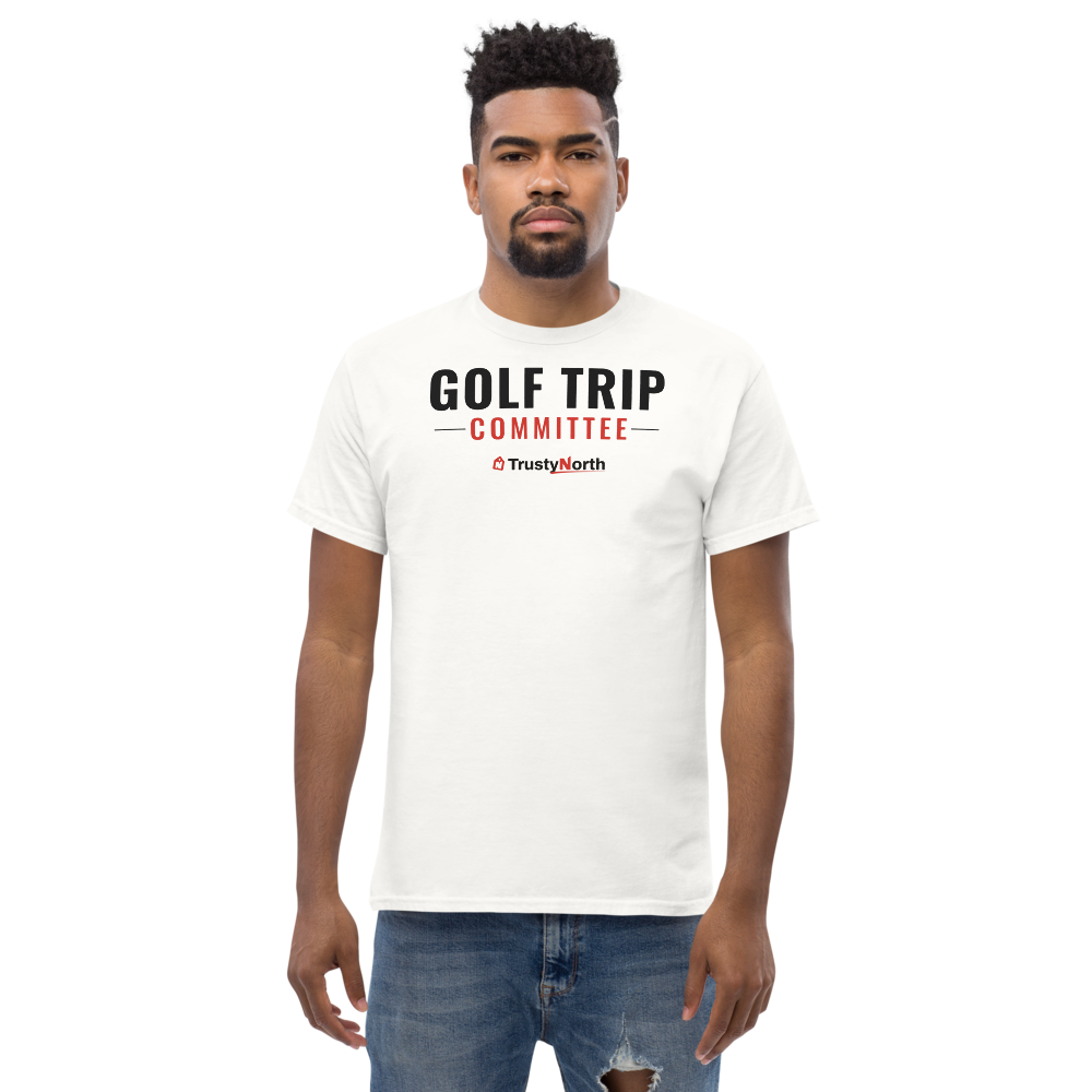 Golf Trip Committee Tee in white, front print reads GOLF TRIP COMMITTEE, mockup 1 of 3