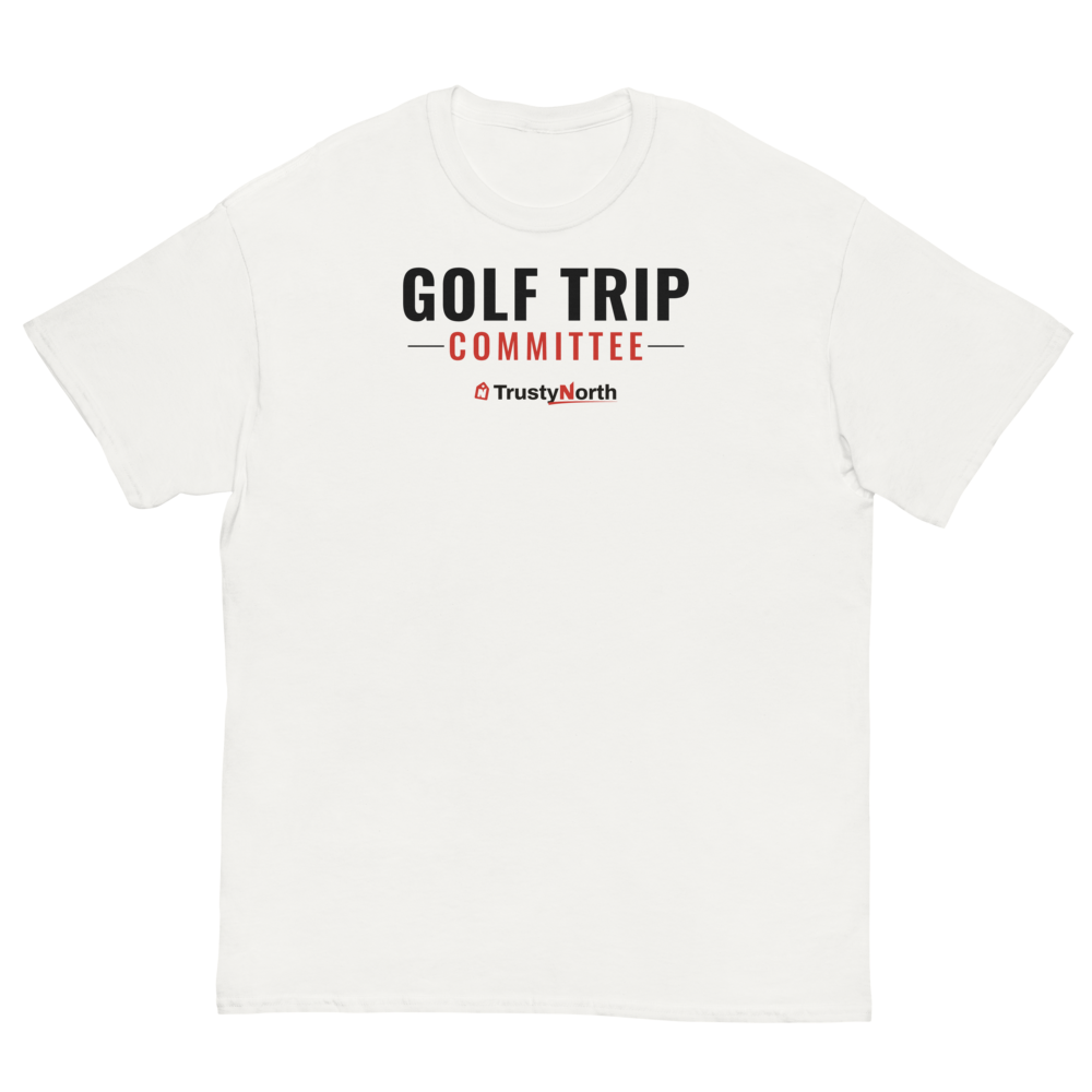 Golf Trip Committee Tee in white, front print reads GOLF TRIP COMMITTEE, mockup 2 of 3