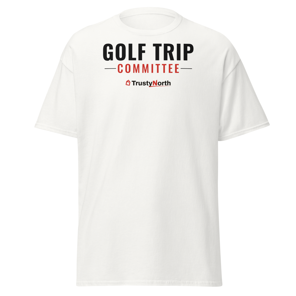 Golf Trip Committee Tee in white, front print reads GOLF TRIP COMMITTEE, mockup 3 of 3