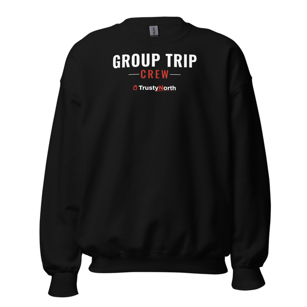 Matching Group Trip Crewneck Sweatshirt in black, front print reads GROUP TRIP CREW, mockup 1 of 3
