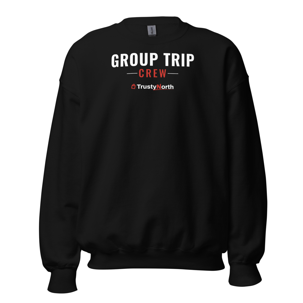 Matching Group Trip Crewneck Sweatshirt in black, front print reads GROUP TRIP CREW, mockup 1 of 3