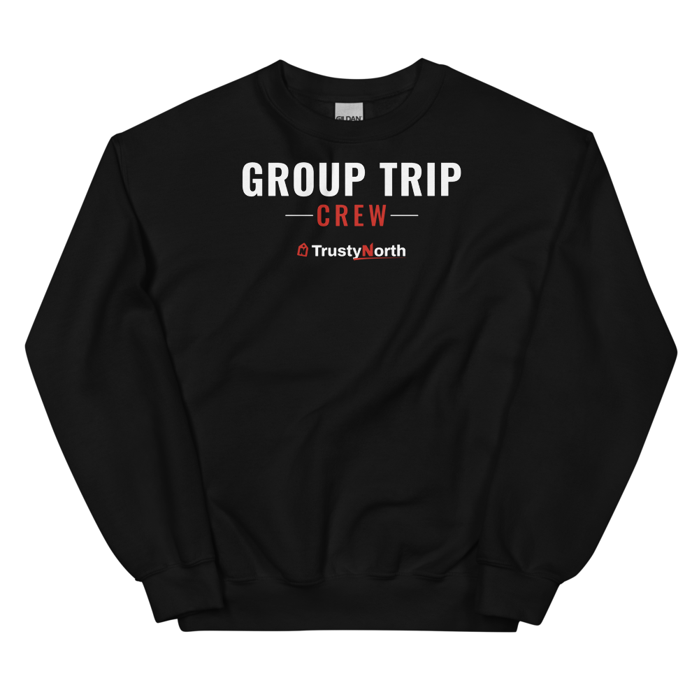 Matching Group Trip Crewneck Sweatshirt in black, front print reads GROUP TRIP CREW, mockup 2 of 3