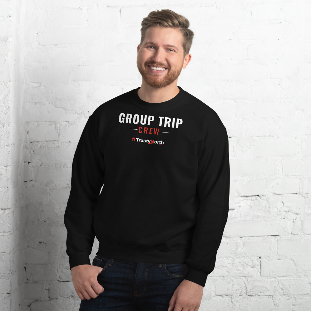 Matching Group Trip Crewneck Sweatshirt in black, front print reads GROUP TRIP CREW, mockup 3 of 3