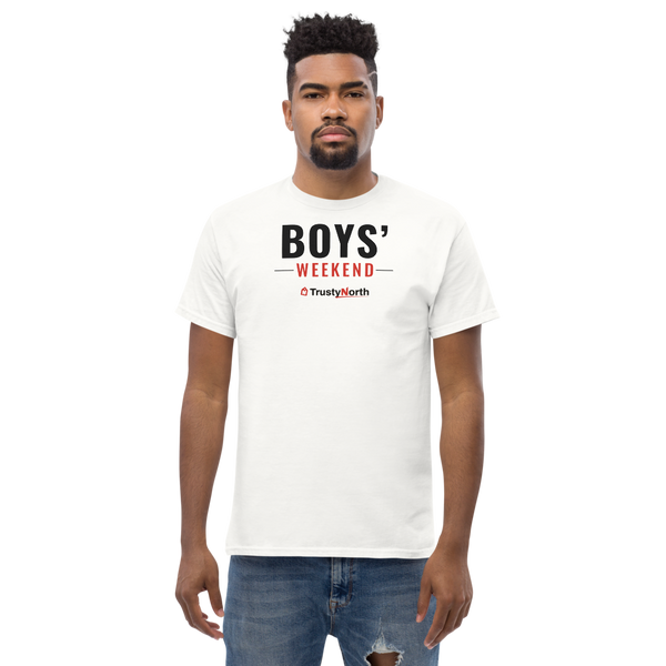 Boys' Weekend Tee in white, front print reads BOYS' WEEKEND, mockup 1 of 3