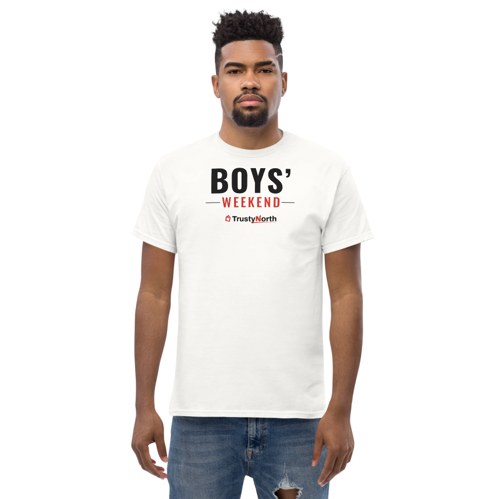 Boys' Weekend Tee in white, front print reads BOYS' WEEKEND, mockup 1 of 3