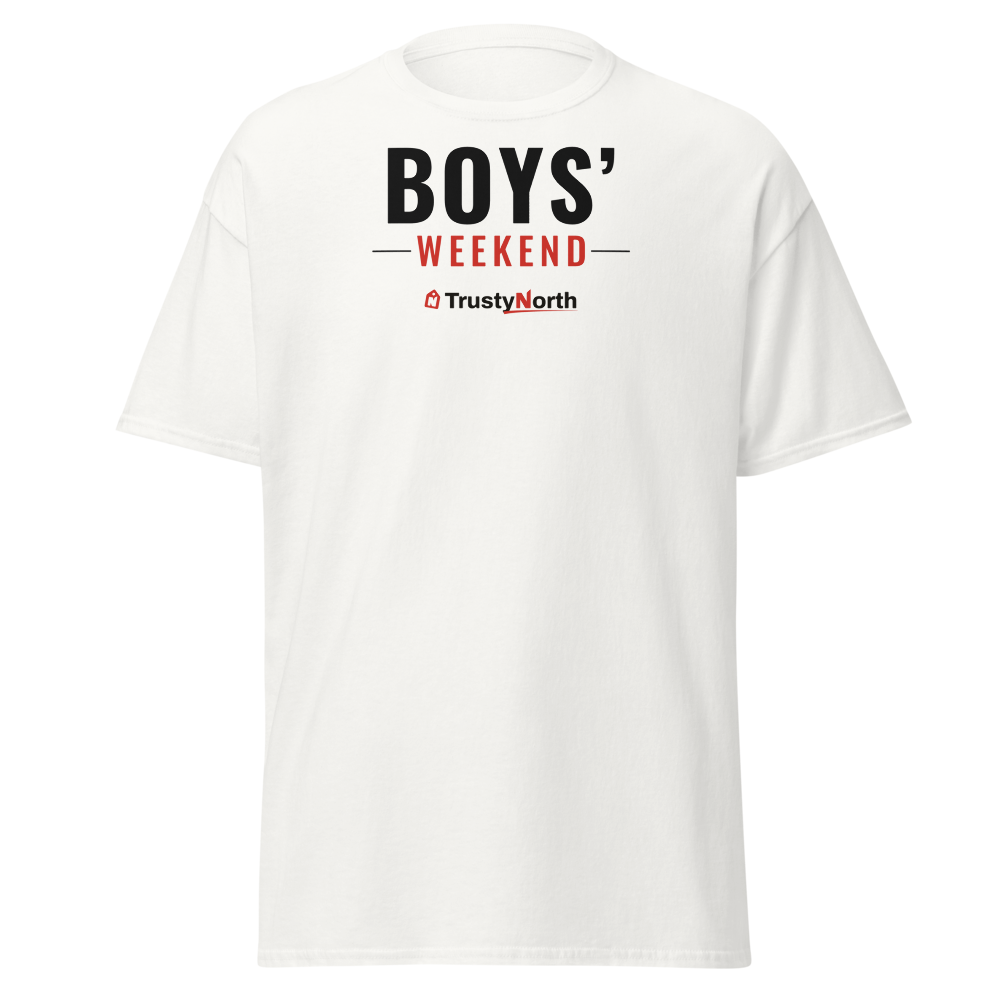 Boys' Weekend Tee in white, front print reads BOYS' WEEKEND, mockup 2 of 3