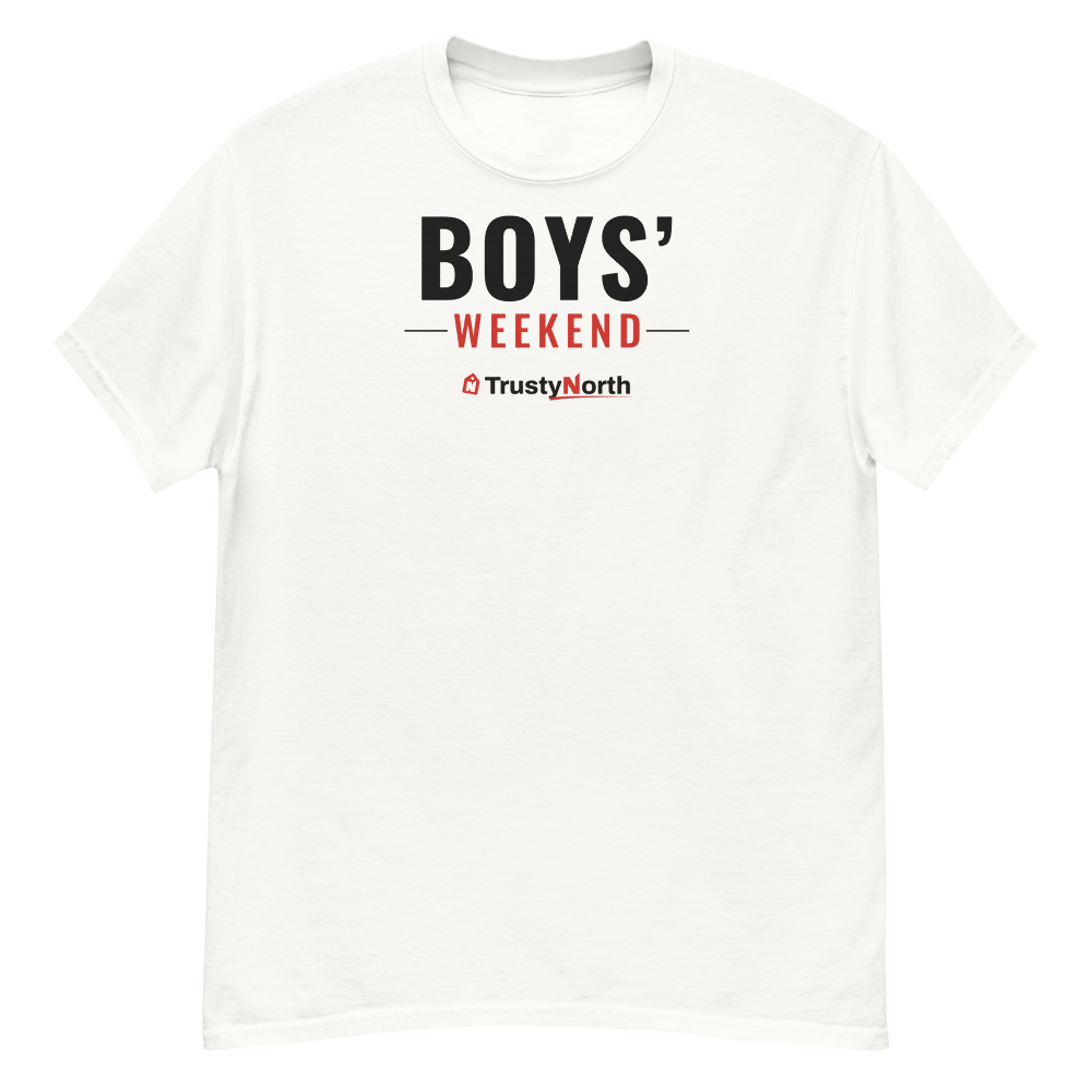 Boys' Weekend Tee in white, front print reads BOYS' WEEKEND, mockup 3 of 3
