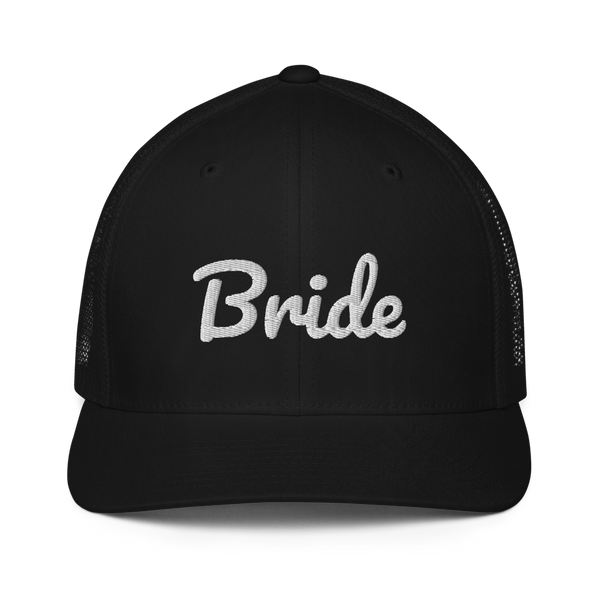 Black trucker hat with white embroidered "Bride" script