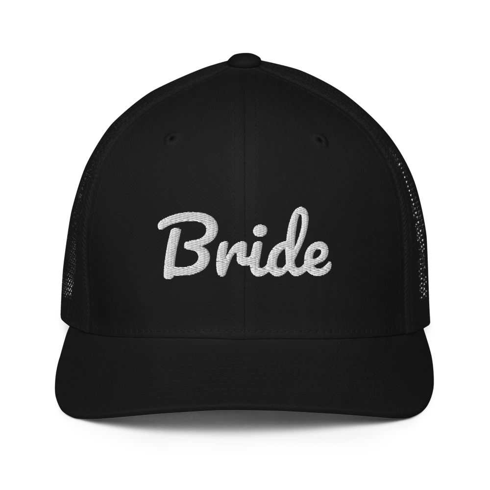 Black trucker hat with white embroidered "Bride" script