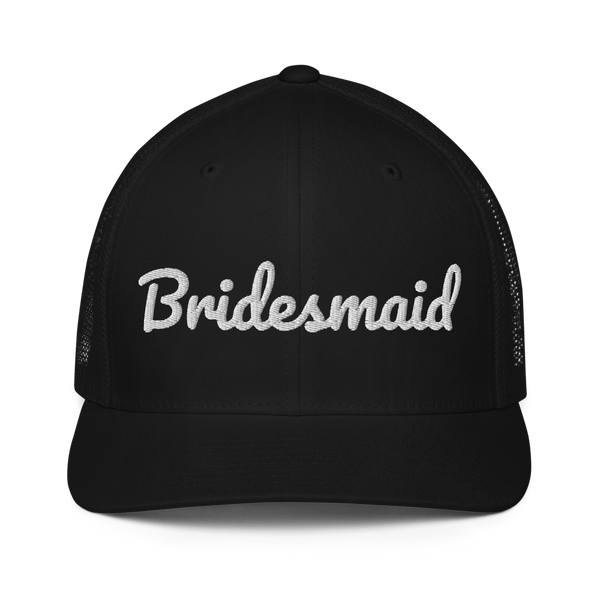 Black trucker hat with white embroidered "Bridesmaid" script