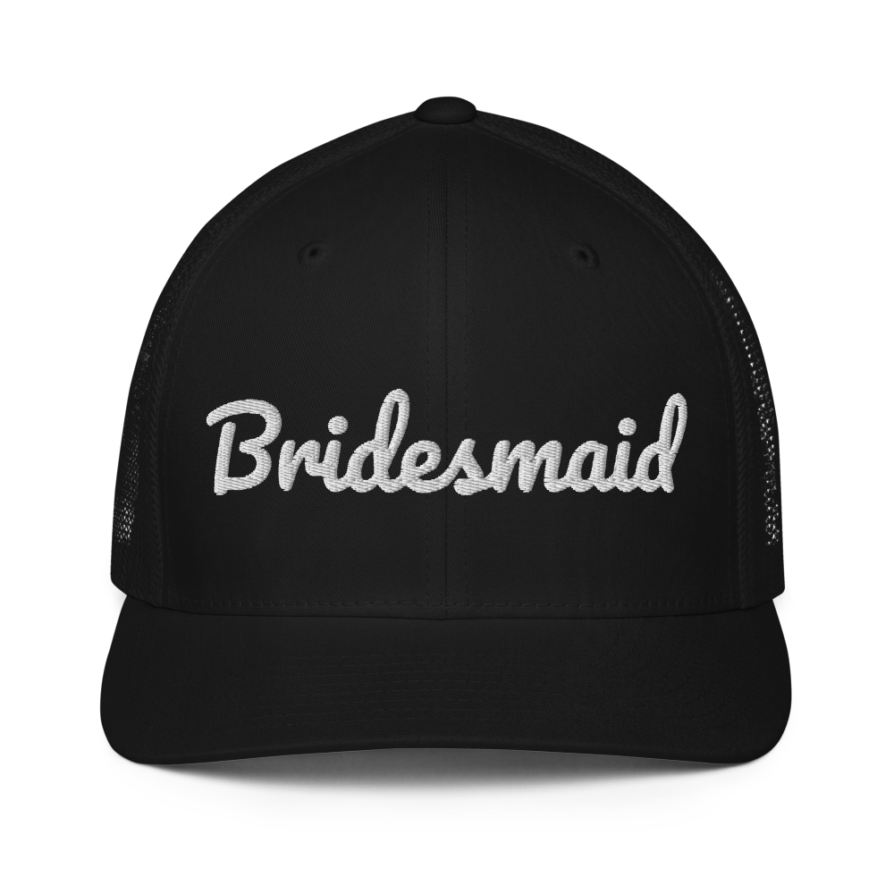 Black trucker hat with white embroidered "Bridesmaid" script