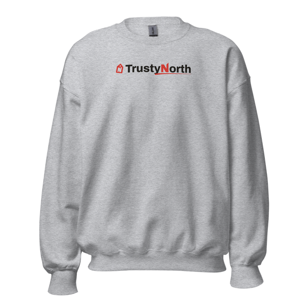 TrustyNorth Classic Crewneck in Sport Grey with the red and black TrustyNorth logo on the chest