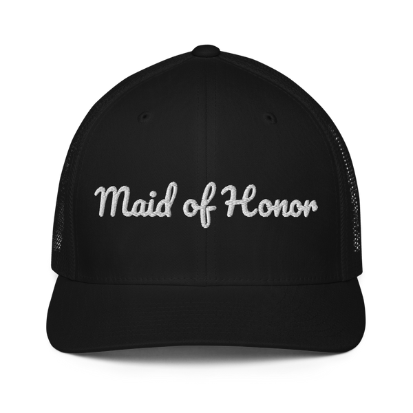 Black trucker hat with white embroidered "Maid of Honor" script