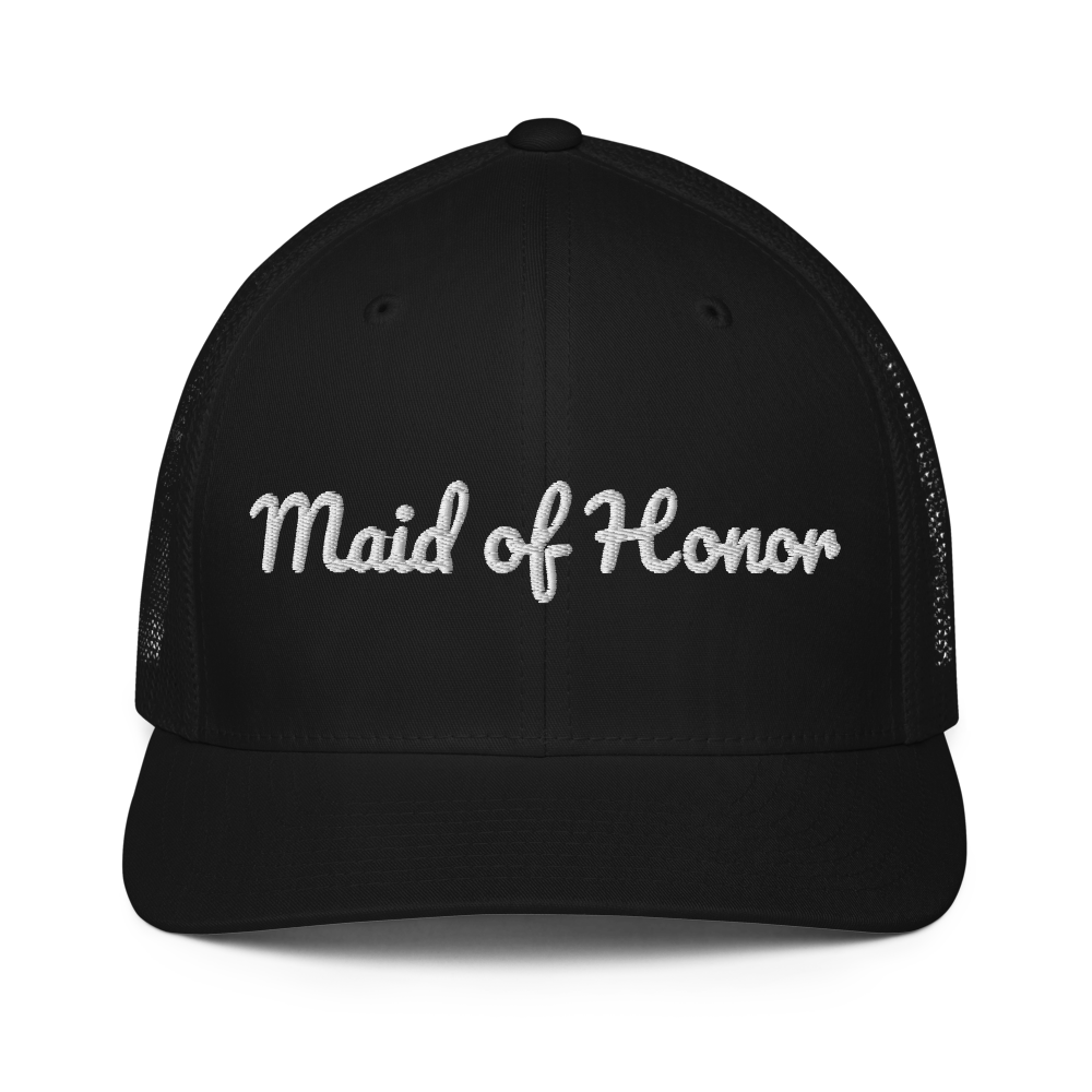 Black trucker hat with white embroidered "Maid of Honor" script