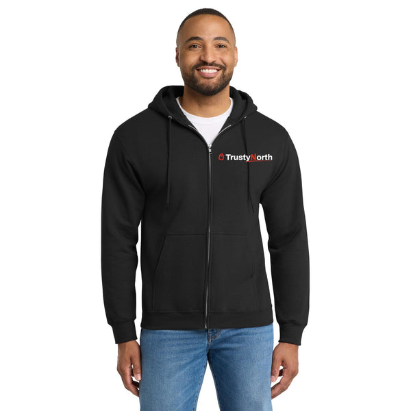 TrustyNorth wordmark tall full-zip hoodie in Jet Black, front view, sizes LT to 4XLT