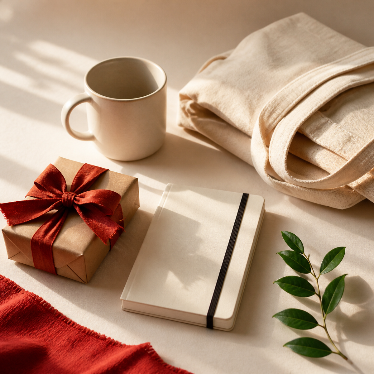 A cream mug, cotton tote, notebook and wrapped gift on a sunlit table.