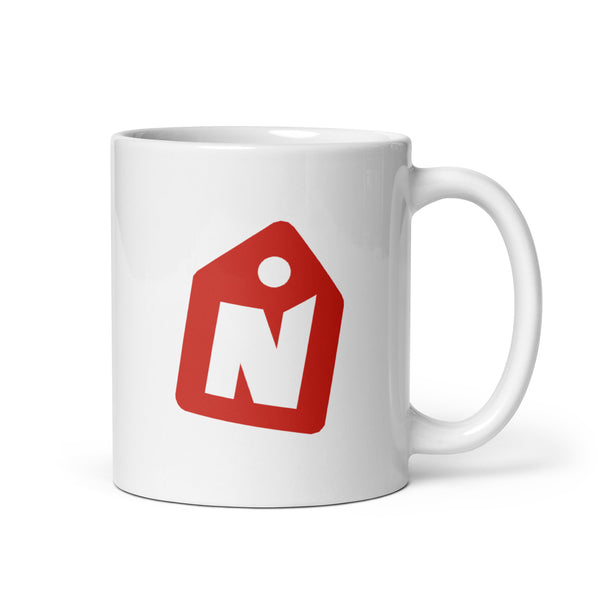 White 11 oz ceramic mug with the red and black TrustyNorth logo